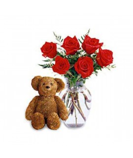 Six Premium Long Stemmed Roses with a Bear